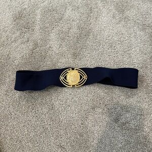 Vintage Blue Stretch Belt Oval Shaped Gold Floral Buckle Fashion Belt M L